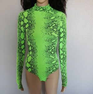 Neon Green Snake Print High Neck Bodysuit